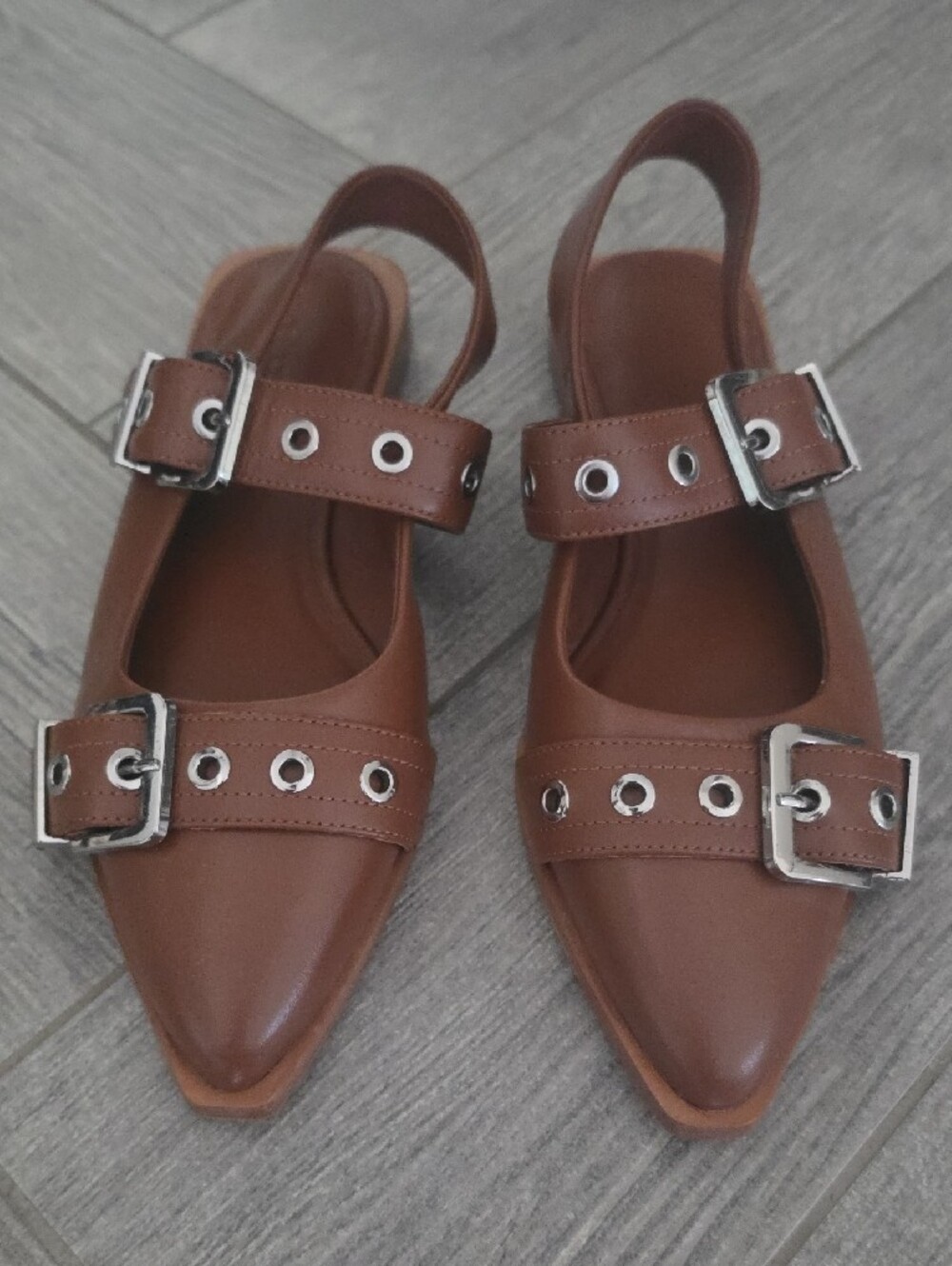 Quince Italian Leather Brown Pointed Slingback Flats with Buckle Grommet Detail